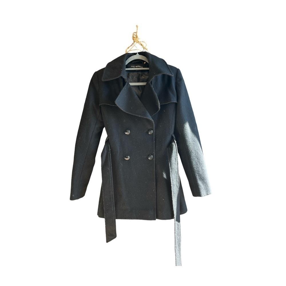 Via Spiga Women’s Wool Coat Black, double breasted, with pleated peplum Sz 4 - Picture 2 of 7